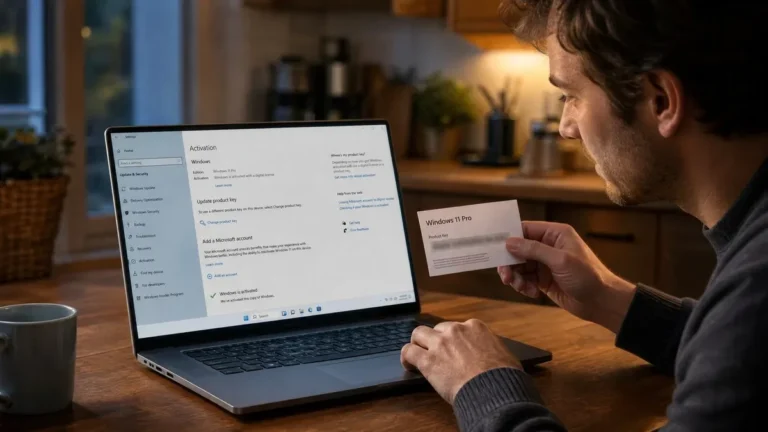 Person comparing a printed Windows 11 Pro license card with a laptop showing Windows is activated, asking whether cheap Windows keys are legit