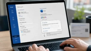 Laptop showing the Word Account page with the Change Product Key button and an Activate Office dialog, illustrating how to activate Microsoft Office