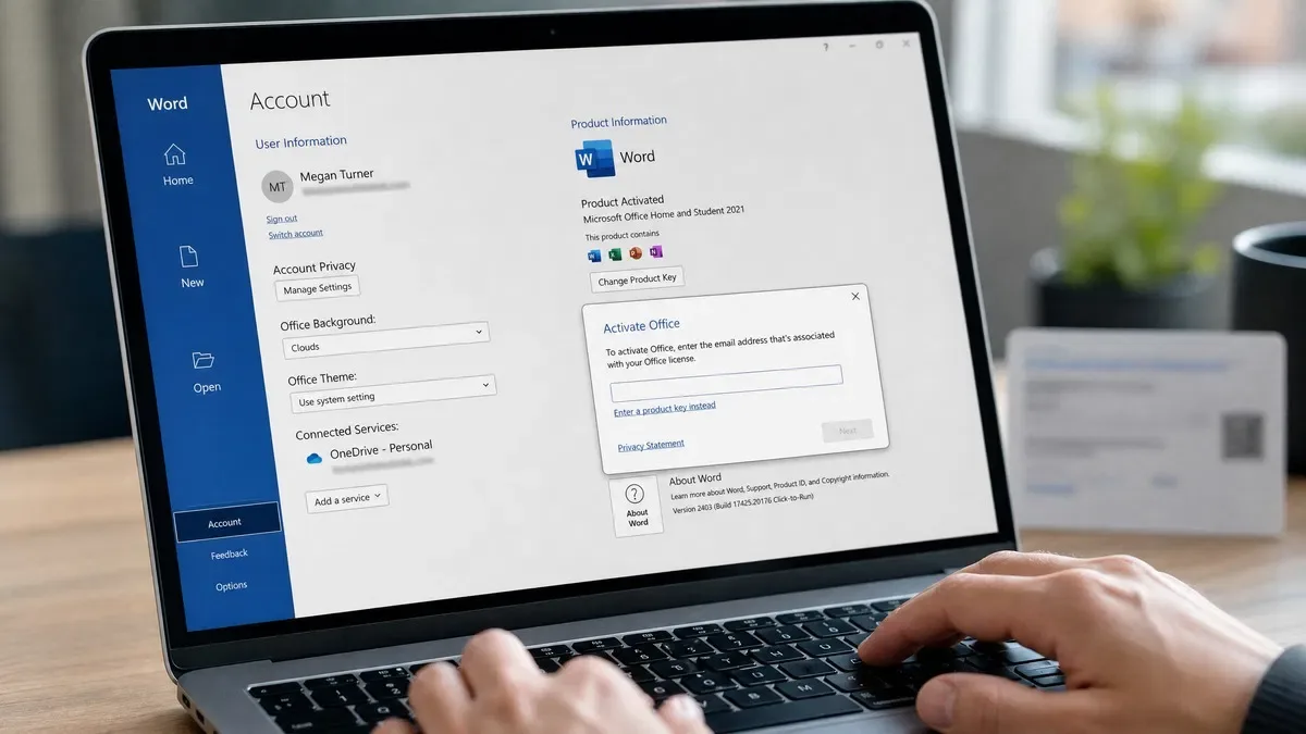 Laptop showing the Word Account page with the Change Product Key button and an Activate Office dialog, illustrating how to activate Microsoft Office