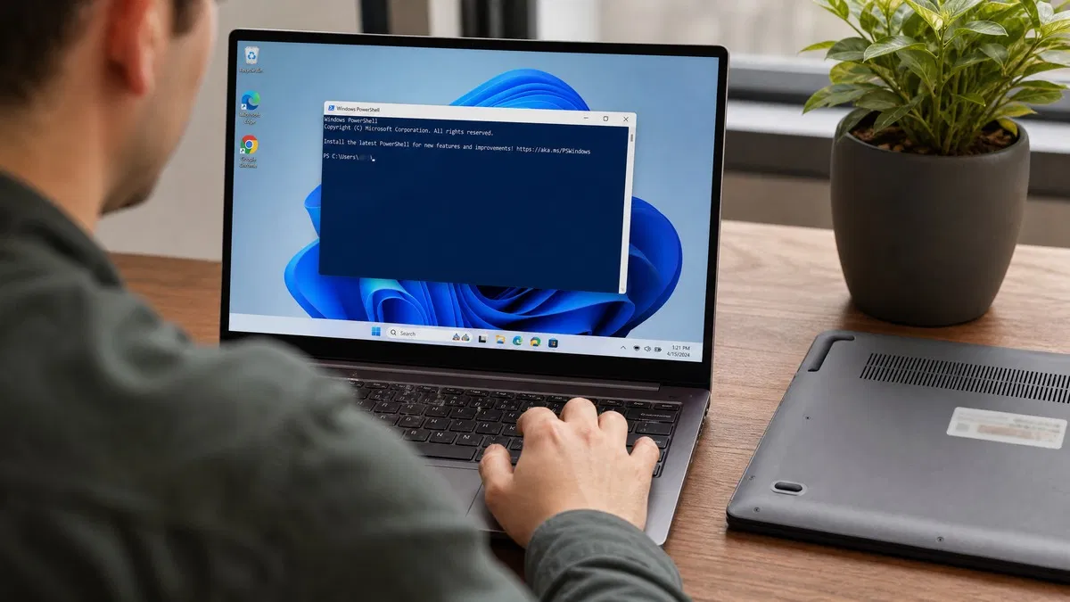 Person finding a Windows product key with PowerShell open on a Windows 11 laptop and a Certificate of Authenticity sticker