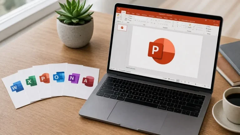 Laptop running PowerPoint with Word, Excel, PowerPoint, Outlook, OneNote and Access icon cards beside it, illustrating Microsoft Office versions compared