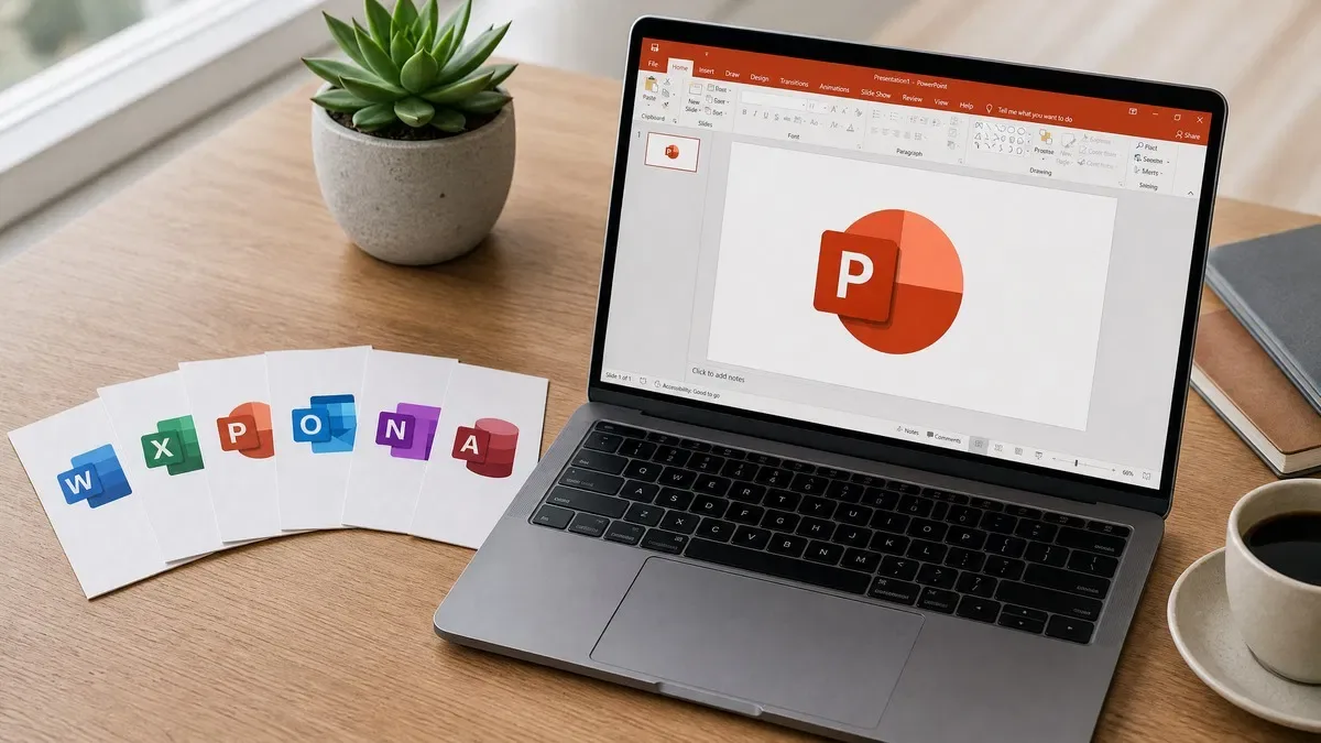 Laptop running PowerPoint with Word, Excel, PowerPoint, Outlook, OneNote and Access icon cards beside it, illustrating Microsoft Office versions compared