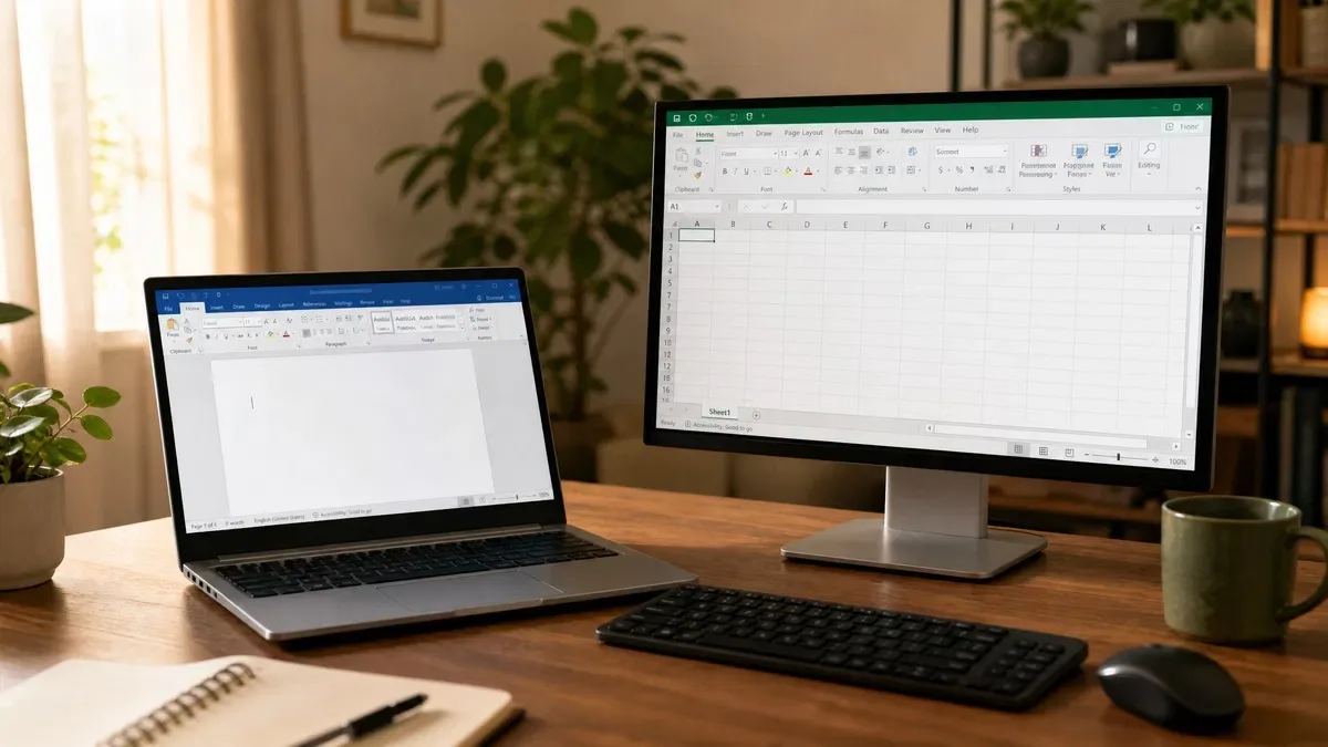 Monitor showing Excel in Office 2024 next to a laptop running Word in Office 2021, comparing Office 2021 vs Office 2024
