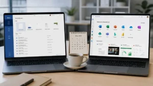 Two laptops side by side, one running Word 2024 and one showing the Microsoft 365 home screen, comparing Office 2024 vs Microsoft 365