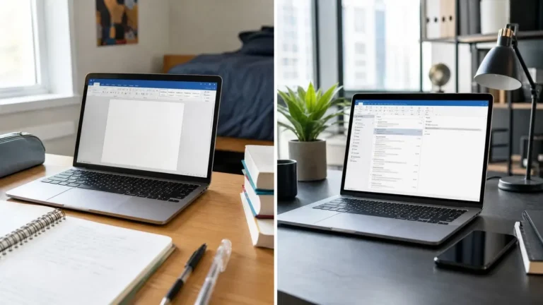 Student desk with Word open beside a business desk with the Outlook inbox open, comparing Office Home and Student vs Home and Business