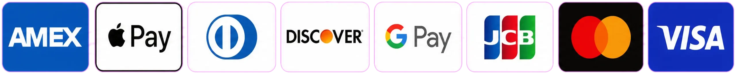 We accept Visa, Mastercard, American Express, Discover, Diners Club, JCB, Apple Pay and Google Pay