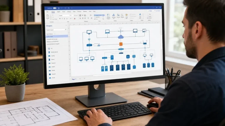 Designer working on a network diagram in Microsoft Visio on a large monitor, comparing Visio Standard vs Professional