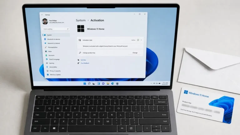 Laptop showing Windows 11 activation settings beside a printed Windows product key card