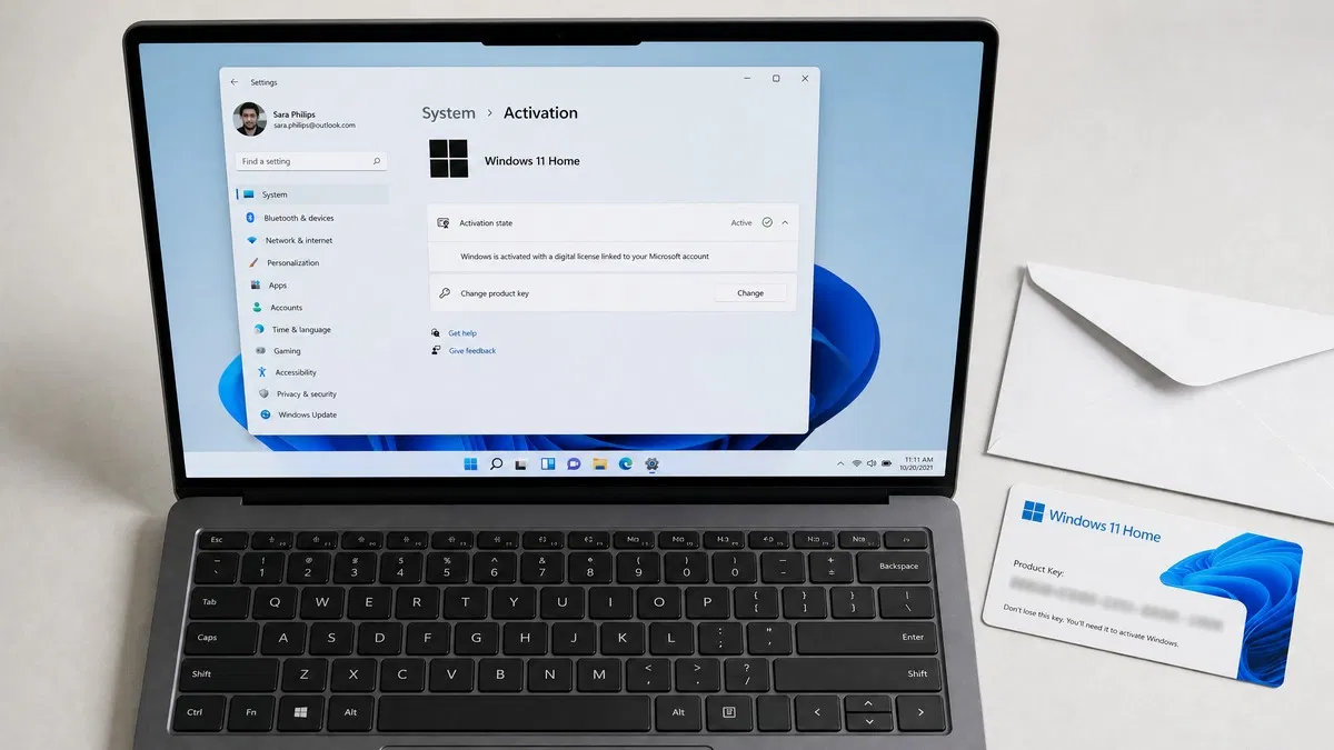 Laptop showing Windows 11 activation settings beside a printed Windows product key card