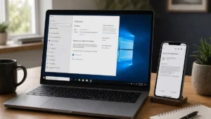 Laptop on the Windows 10 Activation settings page beside a phone showing a product key delivery email, illustrating where to get a Windows 10 product key