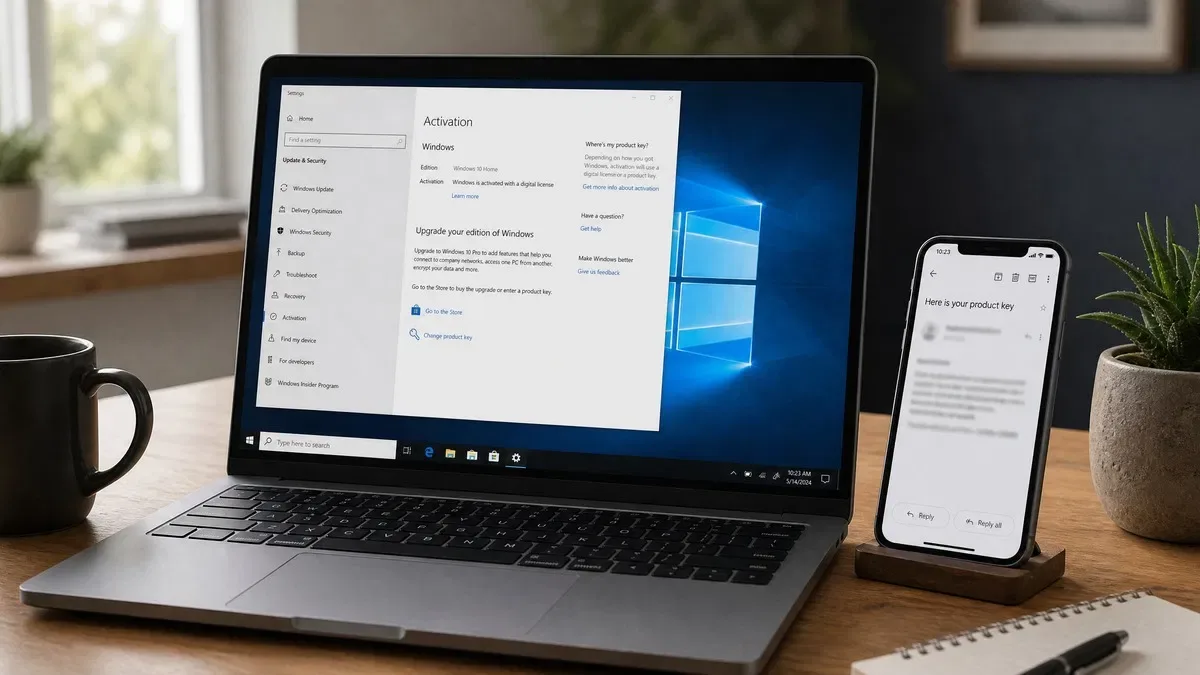 Laptop on the Windows 10 Activation settings page beside a phone showing a product key delivery email, illustrating where to get a Windows 10 product key