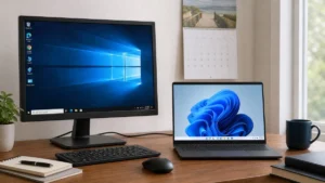Windows 10 desktop beside a new Windows 11 laptop, end of life upgrade decision