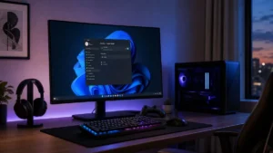 Gaming desk with a widescreen monitor showing Windows 11 and Game Mode settings, comparing Windows 11 Home vs Pro for gaming