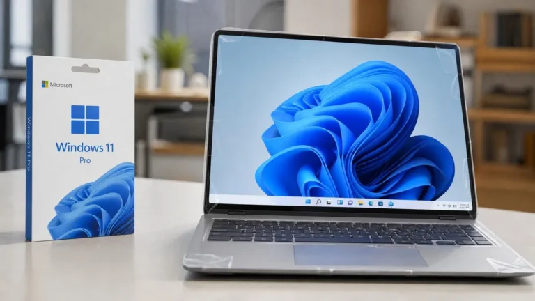 Retail Windows 11 Pro box next to a new laptop with protective film, showing OEM vs retail license