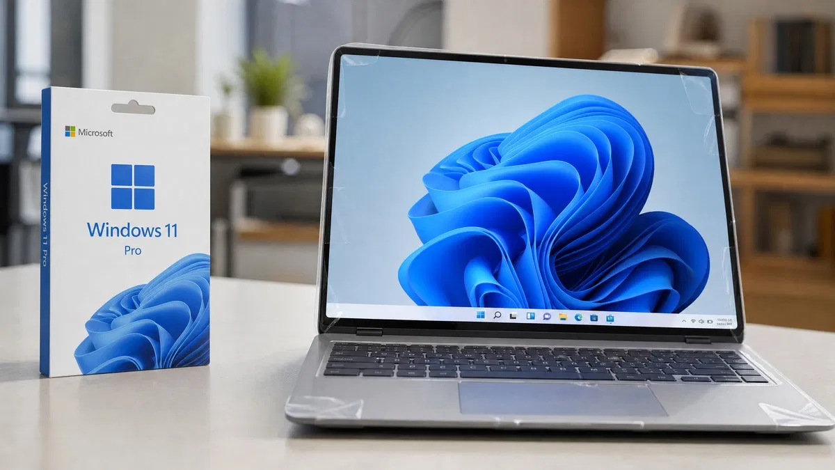 Retail Windows 11 Pro box next to a new laptop with protective film, showing OEM vs retail license