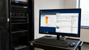 Small business server rack with a monitor showing Windows Server Manager and Hyper-V Manager, illustrating Windows Server editions compared