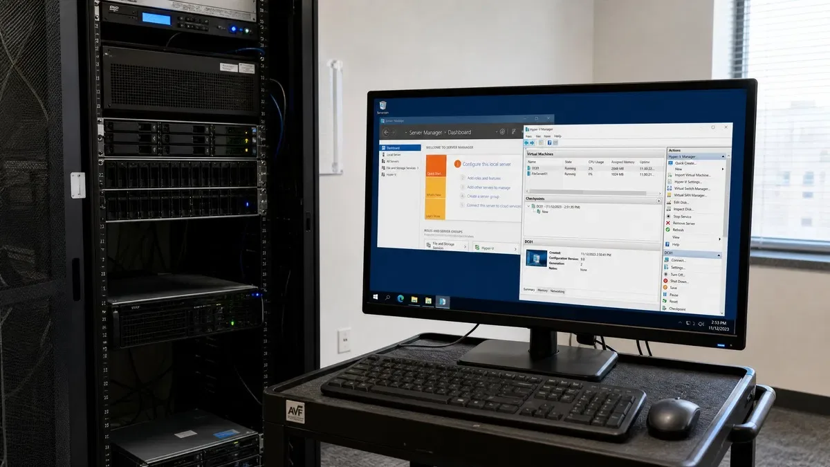 Small business server rack with a monitor showing Windows Server Manager and Hyper-V Manager, illustrating Windows Server editions compared