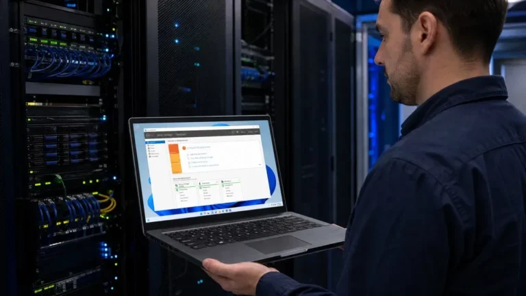 Technician in a server room holding a laptop with the Windows Server 2025 Server Manager dashboard, comparing Windows Server Standard vs Datacenter
