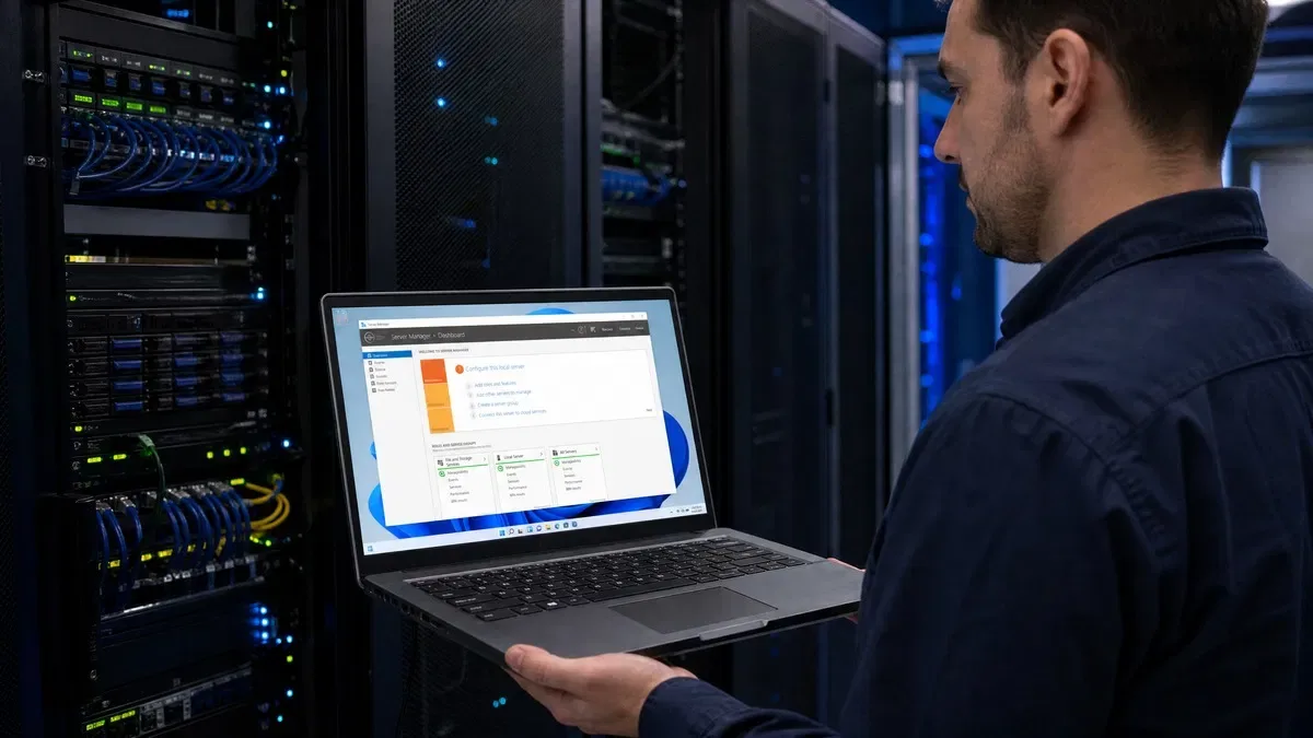 Technician in a server room holding a laptop with the Windows Server 2025 Server Manager dashboard, comparing Windows Server Standard vs Datacenter